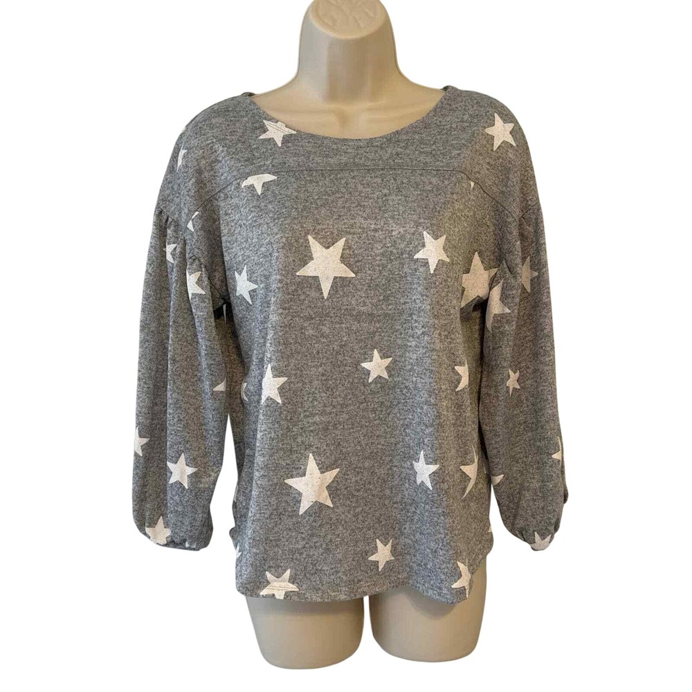 Moda Womens Gray Star Print‎ Puff Sleeve Knit Top Pullover Size Medium 38179Z